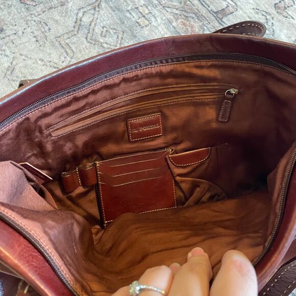 VTG El Portal Y2K Brown Leather Contrast Stitching Big Buckle Shoulder Bag EUC - Picture 9 of 13